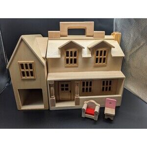 Melissa And Doug Fold And Go Wooden Dollhouse + 2 Chairs #768 EUC